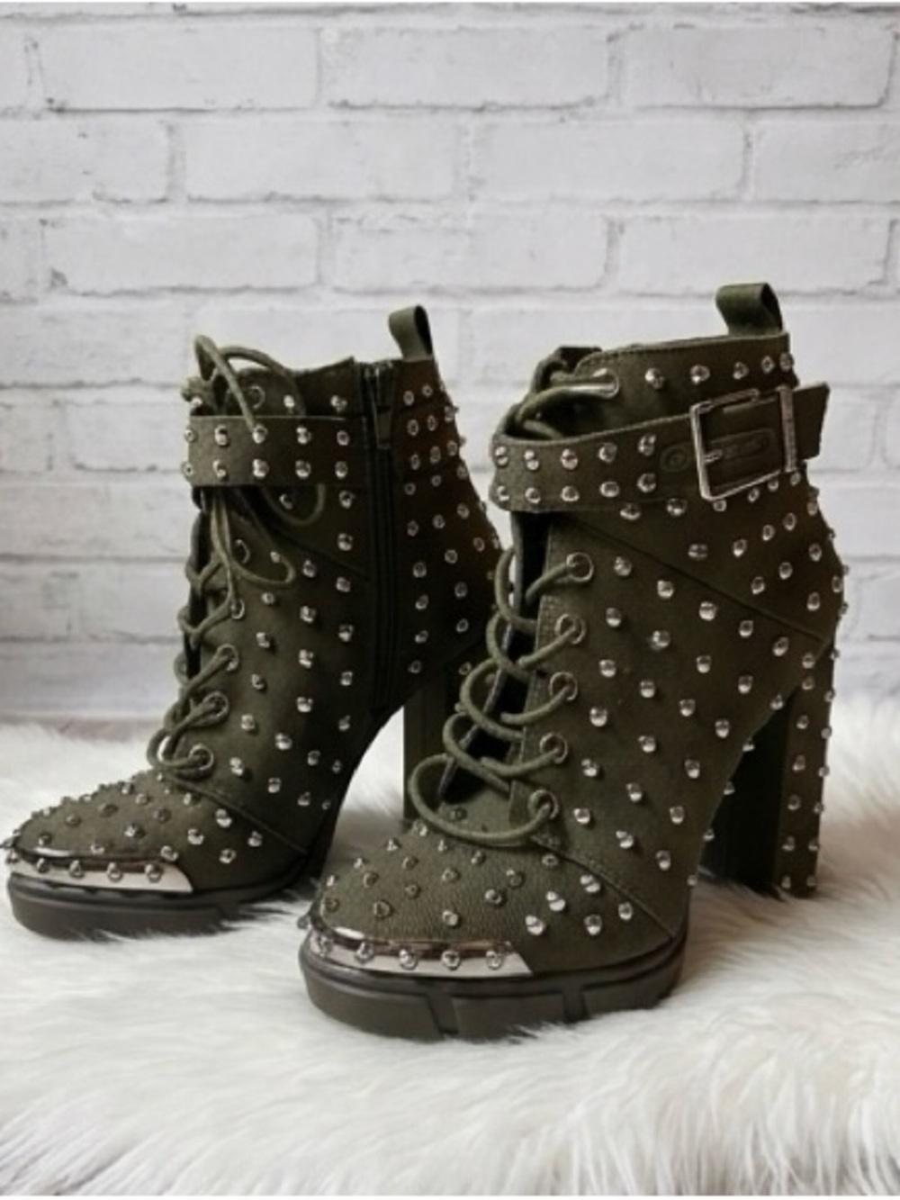 Gianni Bini Olive Green Studded Lace-Up Platform Ankle Boots